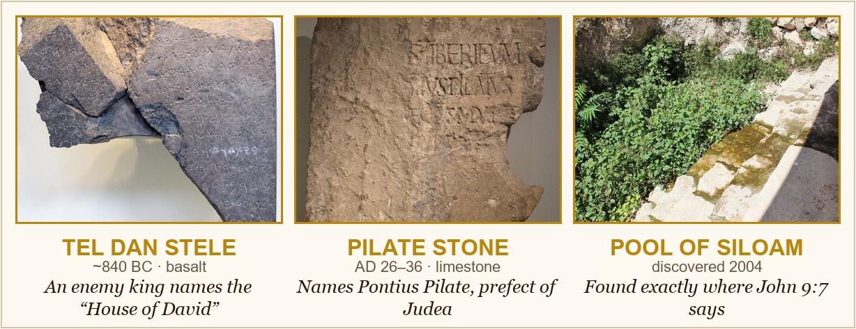 Three Tier-A archaeological confirmations of the Bible: the Tel Dan Stele naming the House of David, the Pilate Stone naming Pontius Pilate, and the Pool of Siloam